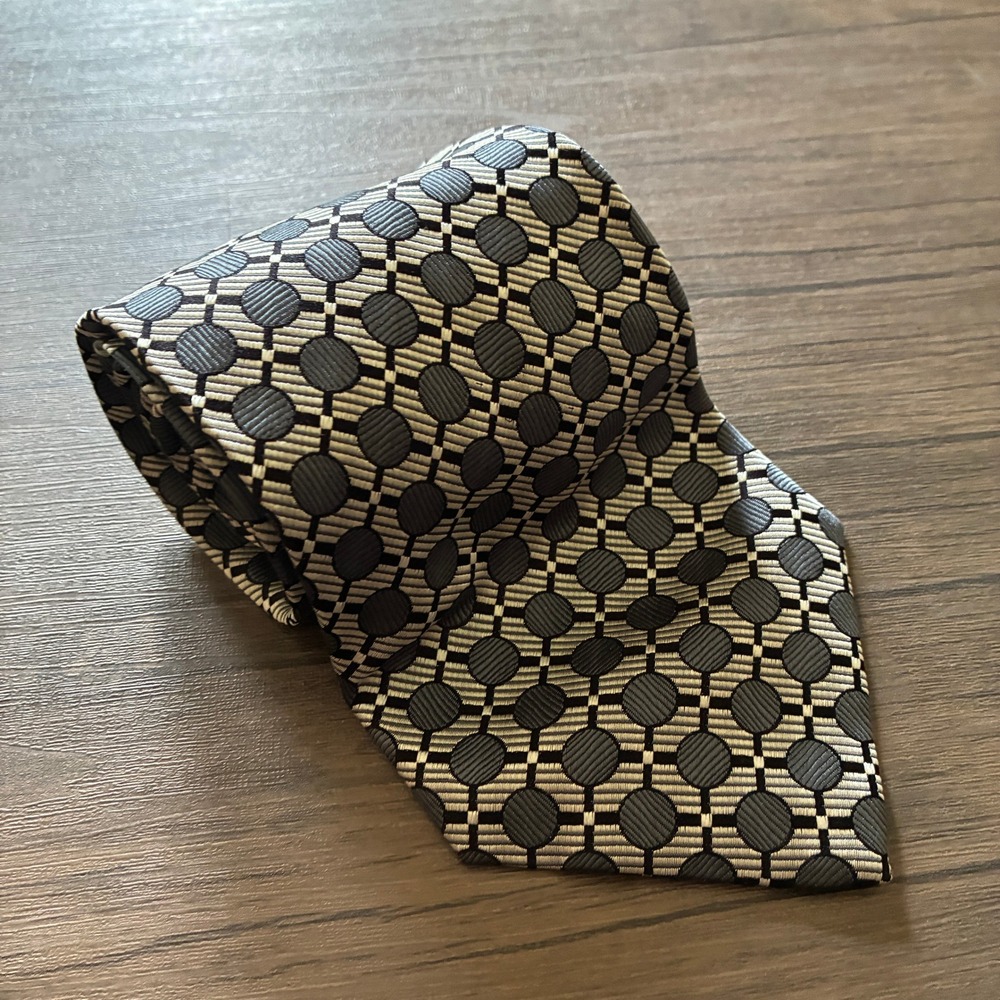 Joseph & Feiss Geometric Circle Silk Necktie One Size Grey Black Mens Hand Made